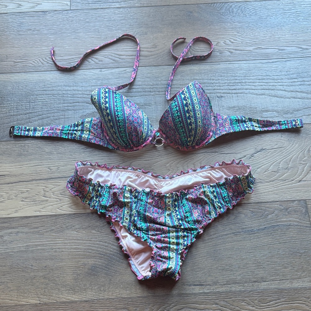 Shade & Shore Pink Multi-Stripe Ruffle Bikini Set